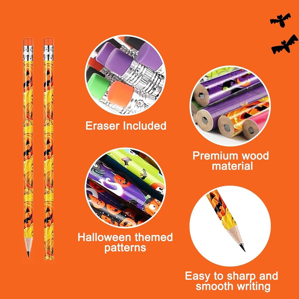 48 Halloween Pencils Bulk with Erasers for Kids, Cute Wood Pencils with Colorful Halloween Themed Design for Kid Trick o2r Treat Gift Prize, Party