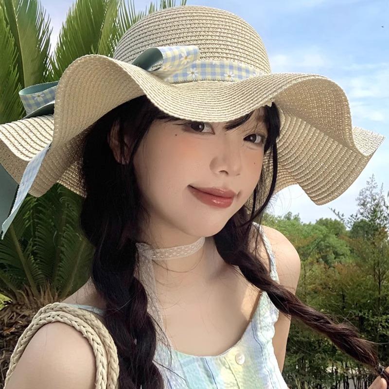 Wave edge bow woven straw hat women s summer big brim seaside beach vacation sunshade sun hat One size fits all