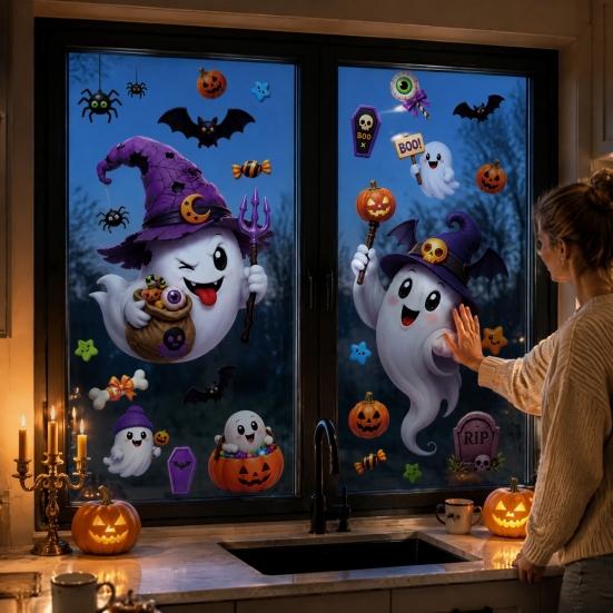 Reusable Holiday Window Film Halloween Witch Hat Ghost Clings, Spiders Bat Pumpkin Spooky Party Supplies Stickers for Home Store Glass Decoration PVC