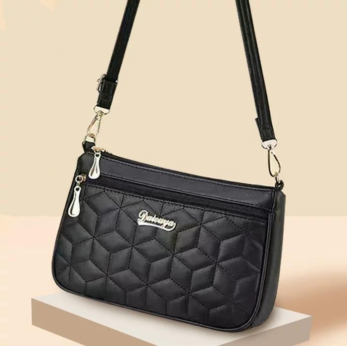 Genuine leather texture women s bag, fashionable middle-aged mother s bag, multi-layer large-capacity one-shoulder mother-in-law grocery shopping bag 6903 rhombus