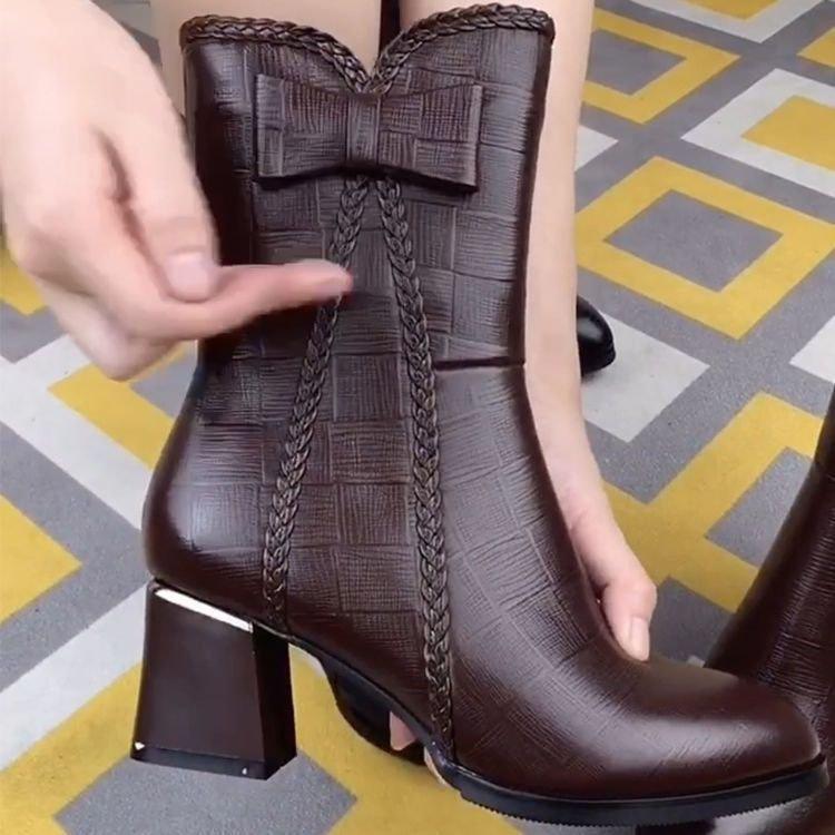 Neue Martin-Stiefel trendige Herbst- und Winter-Samt-Dicke-Ferse Hohe Ferse Mittlerer Schaft Einzelne Stiefel Baumwollstiefel