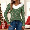 Damenmode Lässig Langarm Weihnachten Bedruckt Plüschkragen V-Ausschnitt Oberteil