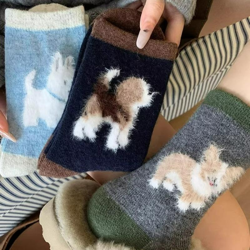 Fashion Kawaii Dog Socks Winter Warm Cartoon Cute Dog Cat Animal Mid-tube Stockings for Women Girls Home Sleep Sockings Gifts