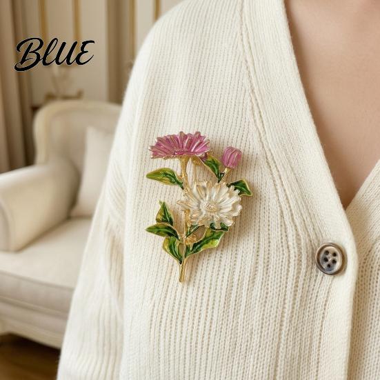 Windbreaker Brooch Pin Enamel Coloring Three Chrysanthemums Design Zinc Alloy