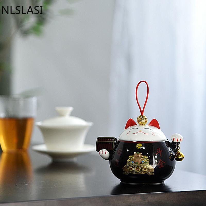 Lata de té de cerámica Lucky Cat Juego de té Juego de té Tarro de té Pu'er Mini lata de té sellada portátil Accesorios para el juego de té del hogar NLSLASI