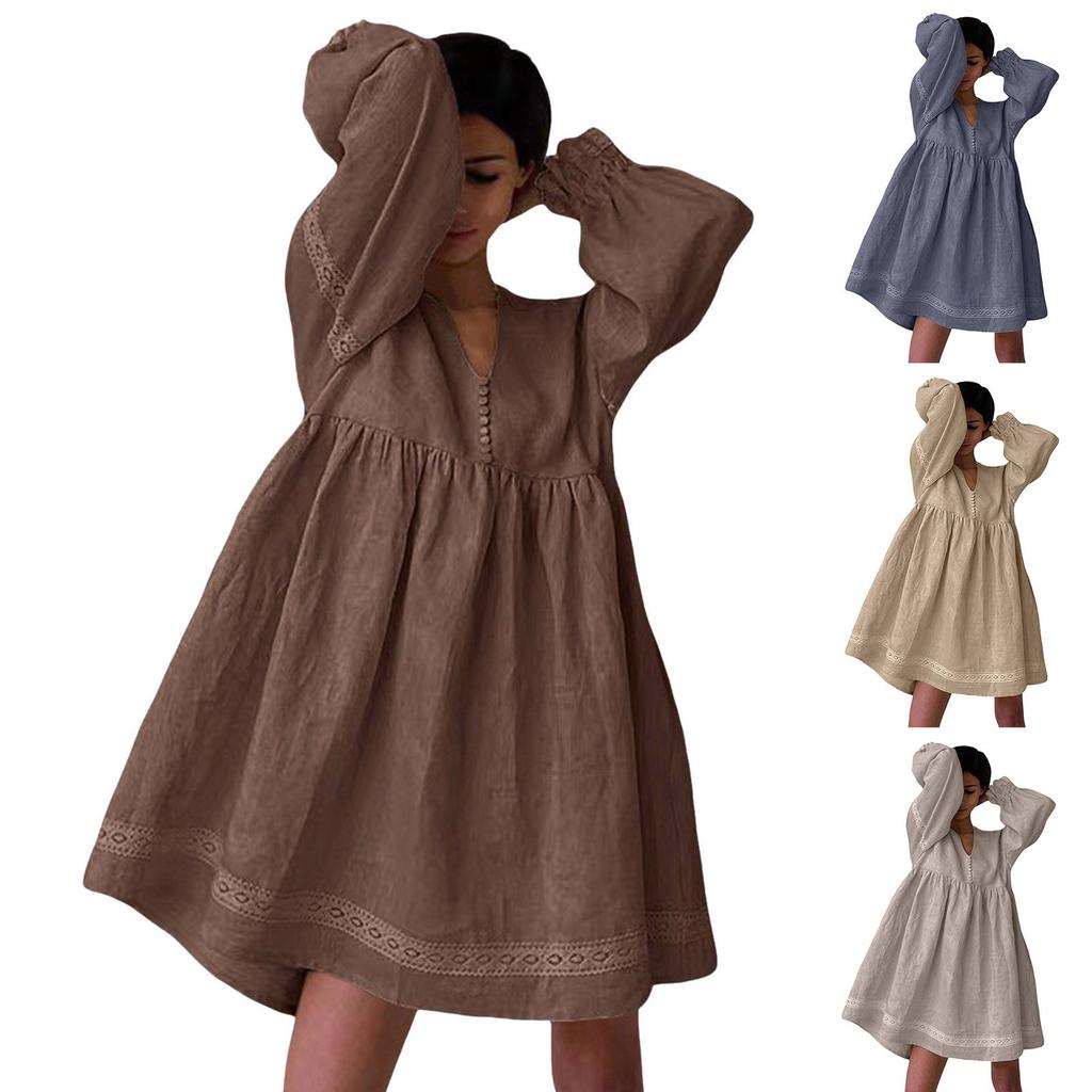 Women's Loose Summer Dress Elegant Commuting Long Sleeve V Neck Cotton Dress Lace Spliced Button Boho Beach Oversized Vestidos