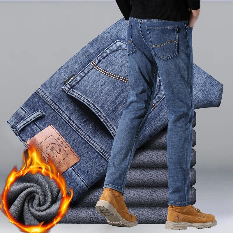 2024 Winter New Men'S Slim Fit Small Straight Leg Denim With Thick Fleece For Warmth And Casual Stretch Long Pants