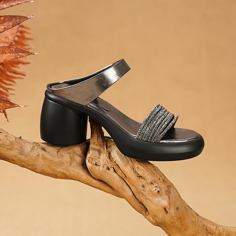 Fashion Rhinestone Sandals Summer Shoes for Women Outside Wear Open-toe Slippers Fashion Thick Bottom High Heels Soft Leather Sandales