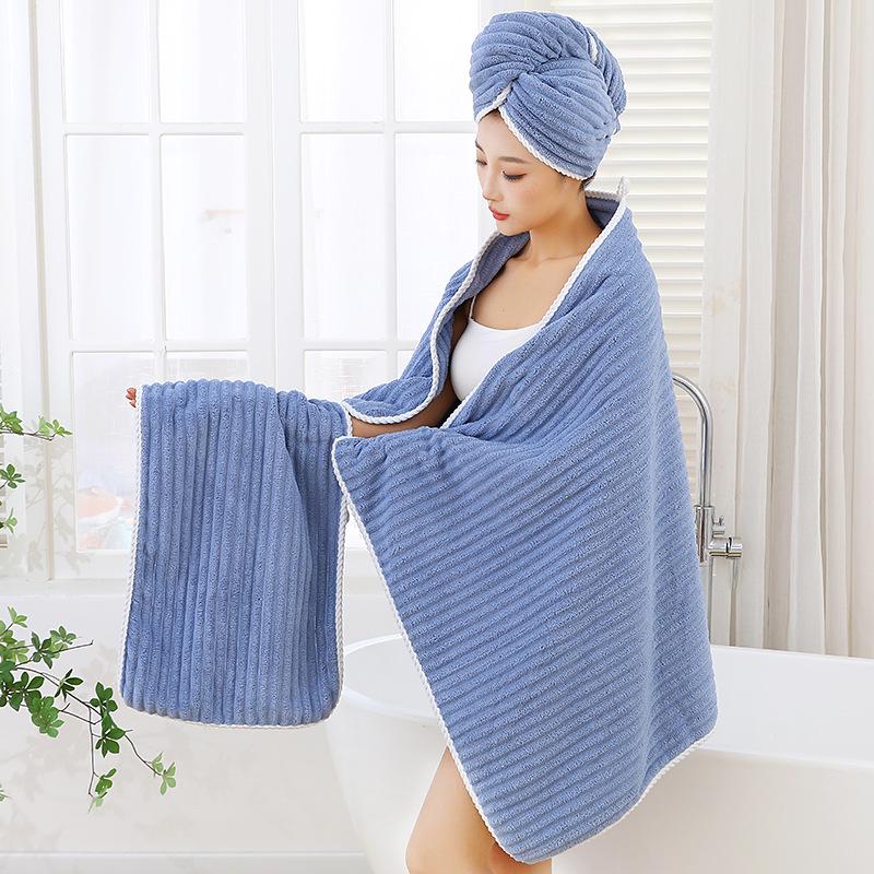 Candy Stripe Coral Fleece Bath Towel for Women - Thick, Absorbent, Quick-Dry Hair Cap