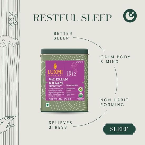 LUXMI Estates Sleep Tea With Valerian Root | 50 Gram Tin Pack, With Chamomile, Lavender & Valerian Root | Caffeine Free Tea For Insomnia, 25 Cups
