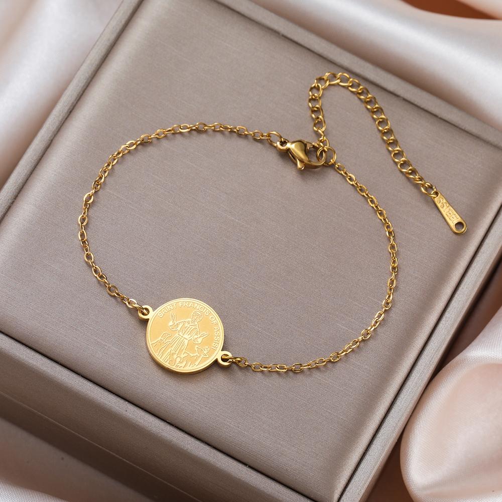 Dawapara Saint Francis of Assisi Coin Bracelet Catholic Patron Animal Advocate Gifts Stainless Steel Charms Religious Jewelry