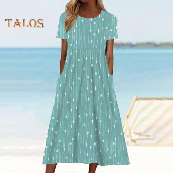 Vestido de verano para mujer, de manga corta, informal, con estampado floral, cuello redondo, midi, bolsillos, fluido, corte A, para playa.