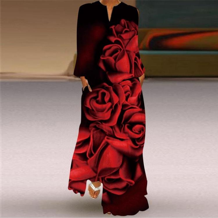 2023 Women's Summer Fashion V Neck Long Dress Casual Loose Beach Vacation Print Dresses