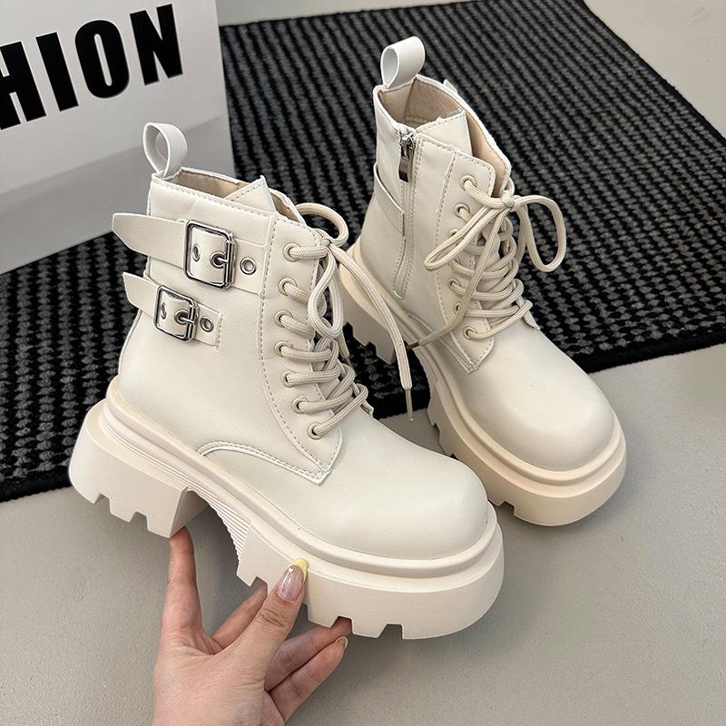 Fashion Comemore New Fashion Ankle Boots Female Belt Buckle Solid Color Autumn Thick Bottom Women Shoe Lace-up Middle Heel Botines Mijer