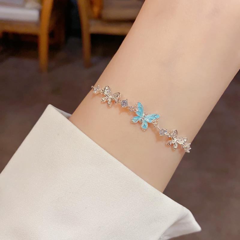 Vintage Fashionable Thick Silver-Blue Butterfly Charm Bracelet Pull-On Silver Plated Copper Alloy High-End Elegant Women's Hand