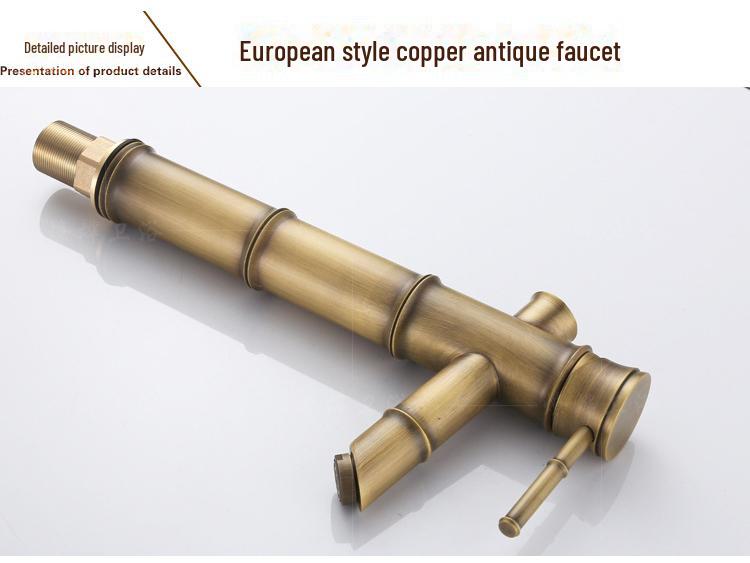 Baterie de baie europeană antică din cupru cu bambus – Baterie pentru lavoar cu apă caldă/rece pentru chiuvete deasupra blatului
