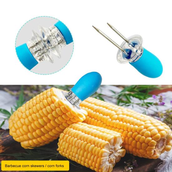 8Pcs Corn Holder Stainless Steel Corn Skewer Silicone Handle BBQ Fork Heat Resistant Fruit Skewer for BBQ Picnics Parties