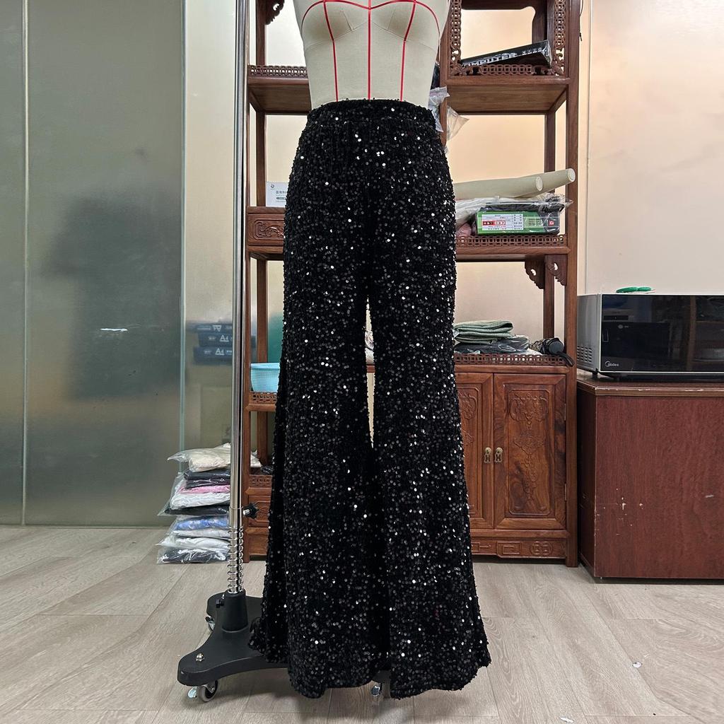 Women's Summer High Waist Sequined Wide Leg Pants - Slimming Solid Color Fashion