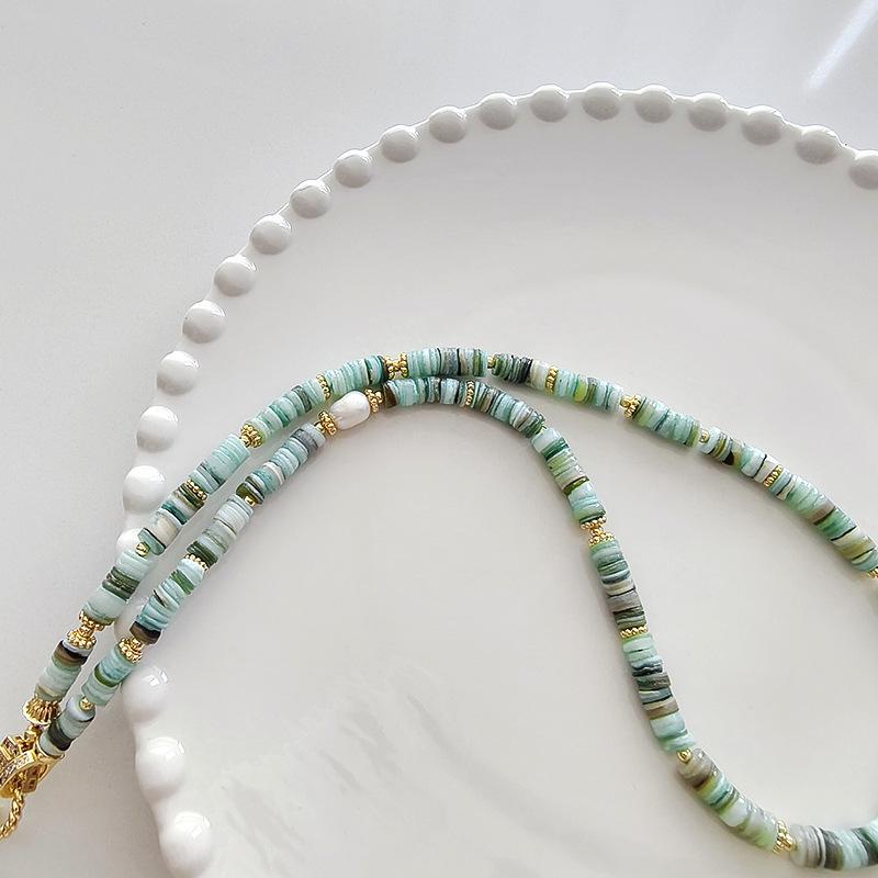 Baroque Freshwater Pearl & Zircon Clavicle Necklace with Green Shell & Turquoise Design