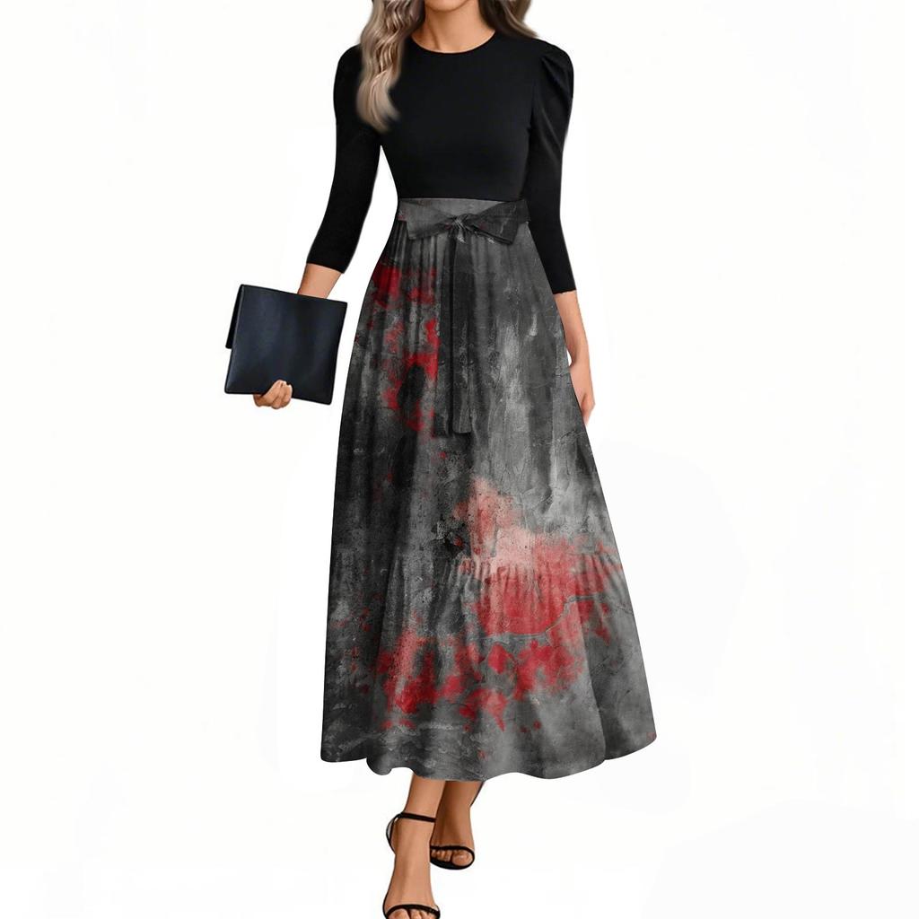 Rochii de damă la modă, casual, cu mâneci trei sferturi, cu guler rotund, cu imprimeu de Halloween, elegante, cu temperament