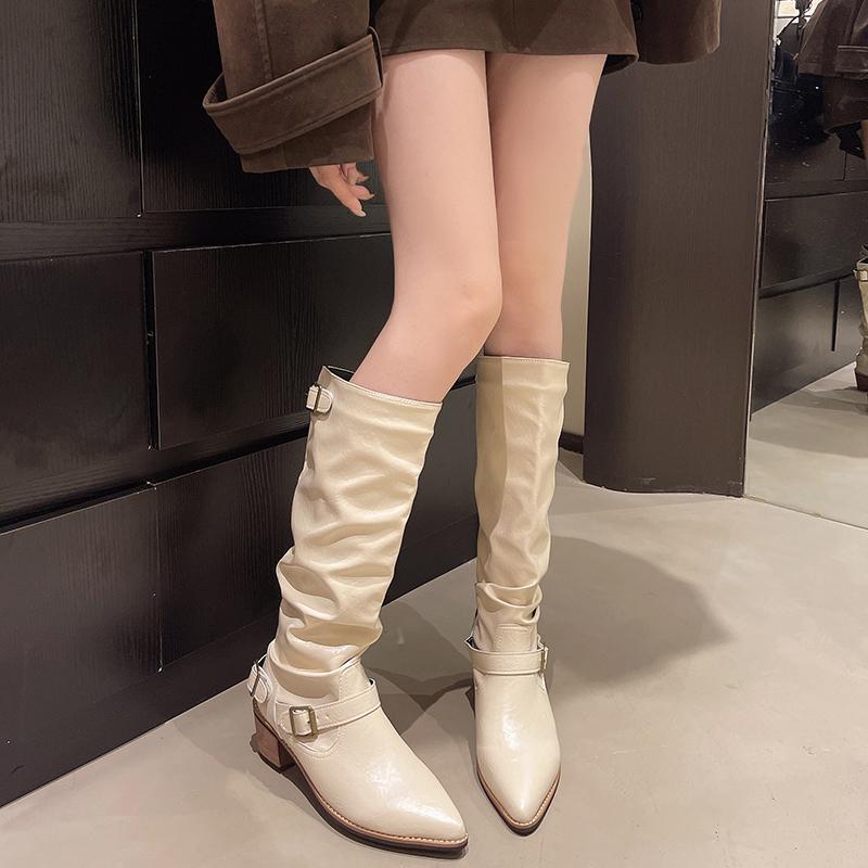 Fashion Knee High Boots Female Autumn Casual Slip on Women Shoes Square Mid Heels Solid Flock Square Buckle Motorcycle Boots