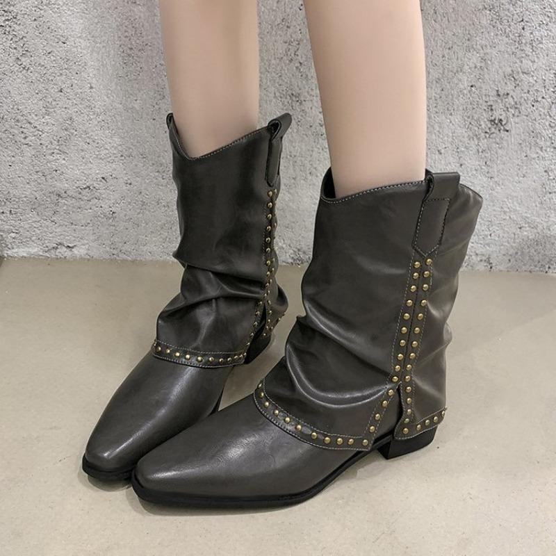 Large Size Pointed Square Heel Splicing Wind Rivet Fashion Boots Autumn and Winter New Mouth Wear Medium Tube Women's Boots