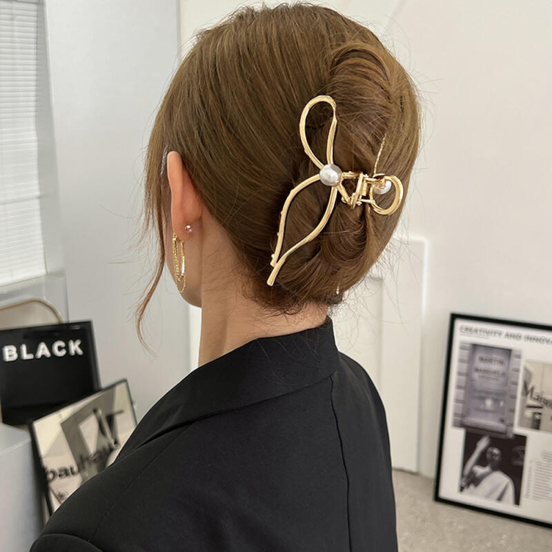 Metal Block Pearl Ribbon Updo Hair Clip