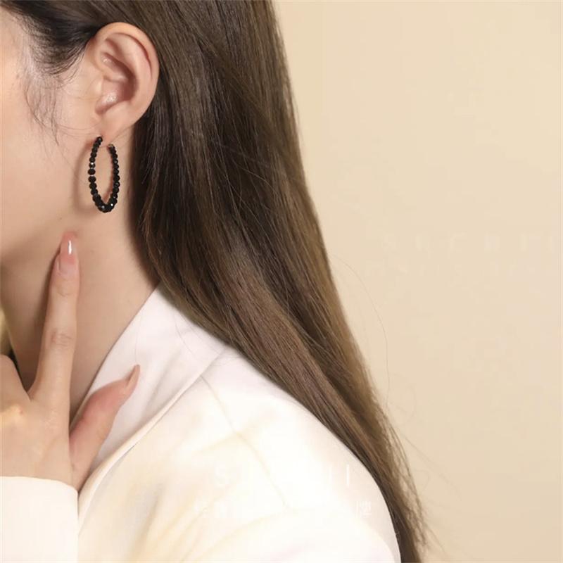 Light luxury C-shape Black Crystal Hoop Earrings Large Circle Geometric Earrings Women Elegant Jewelry Gifts