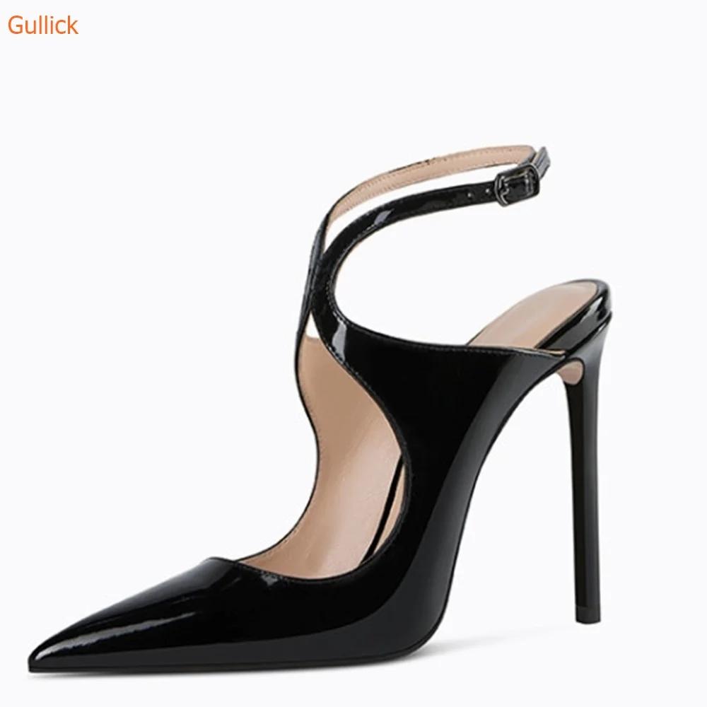 Fashion Black Slingback Cross Strap Women Pumps Thin Heels Patent Leather Shoes Ankle Strap Spring/autumn Pointed Toe Dress Career Pumps