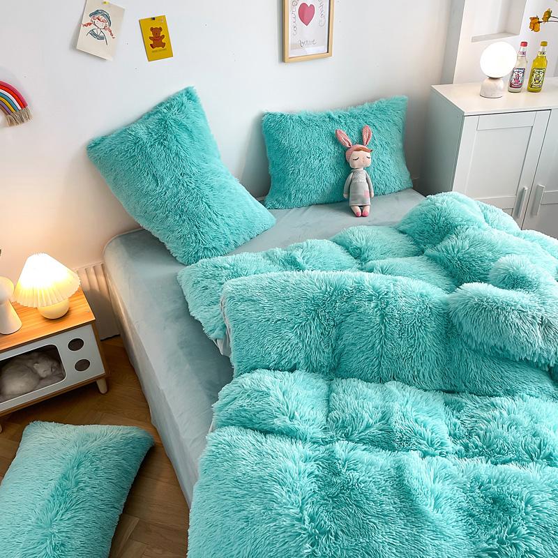 3Pcs Fluffy Black Plush Shaggy Duvet Cover +2Pcs Pillowcases Zipper Bedding set Soft Velvet