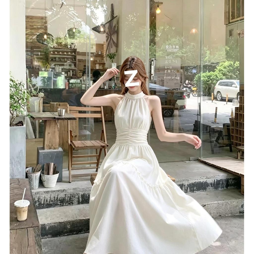 New summer white dress for women, neck, waist folds, thin, pure desire style temperament, big swing dress