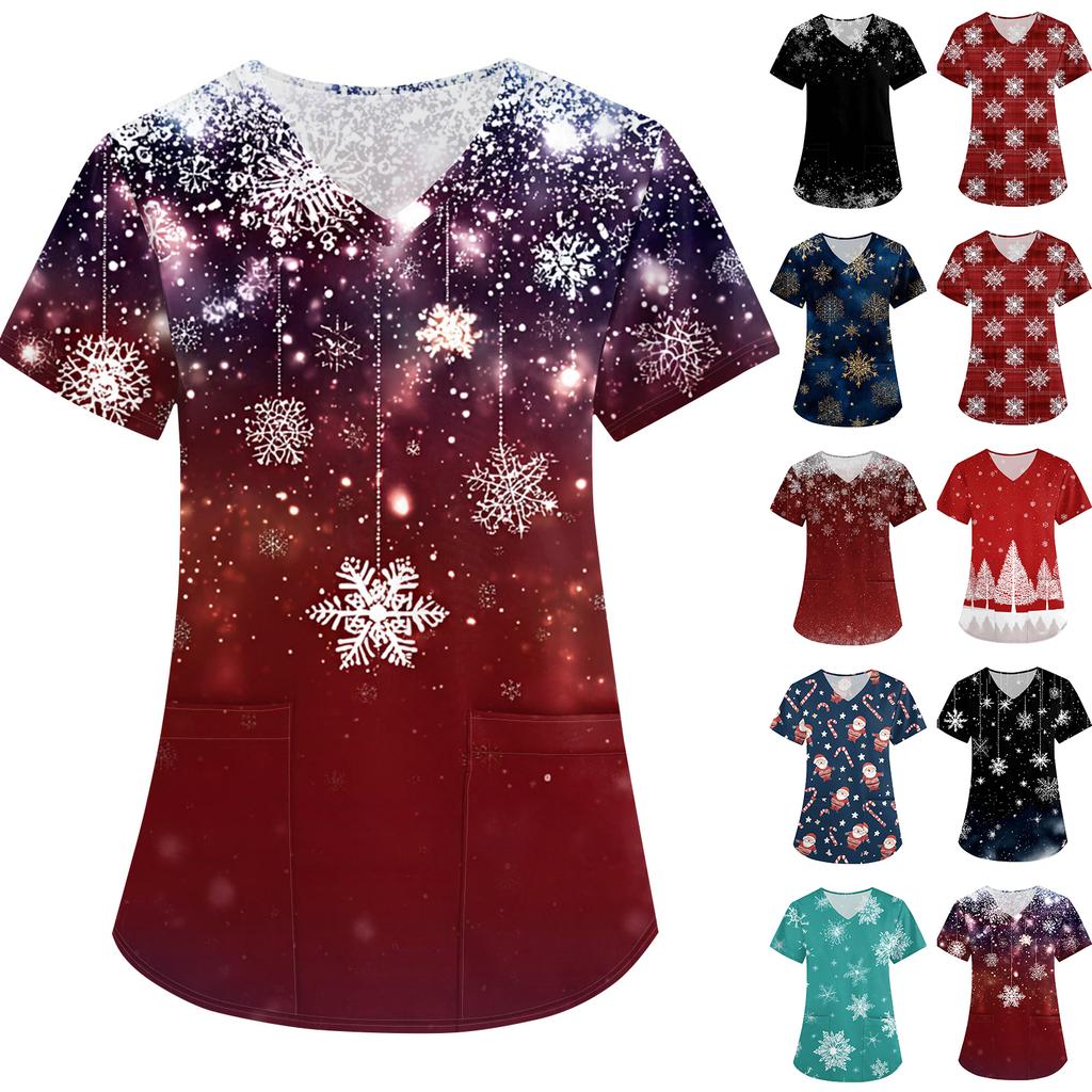 Women's Christmas Print Loose V-Neck Pocket Short-Sleeved Uniform