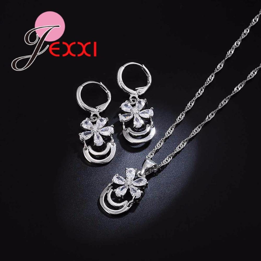 925 Sterling Silver Wedding Jewelry Set With CZ Cubic Zirconia Flower Pendant Necklace Earrings Sets for Women