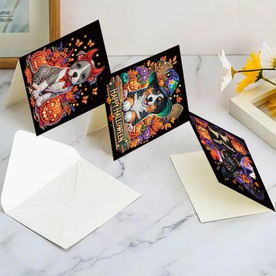 6 PCS Cartes Postales Mosaïque Art Diamant Strass DIY Motif Halloween Cartes Fait Main Art Diamant pour Fêtes et Célébrations