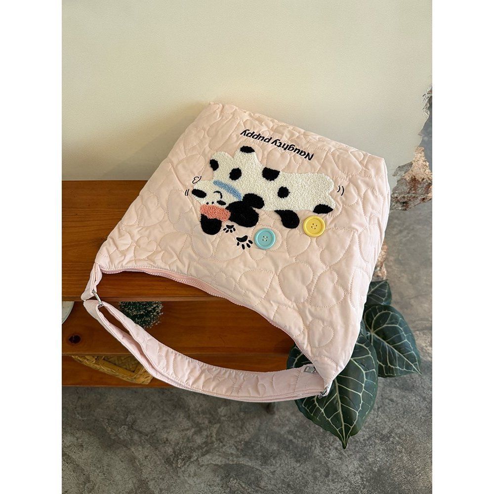 

Японская милая сумка из хлопка с вышивкой щенка, новая осенне-зимняя сумка-тоут для通勤 большой вместимости, нишевая сумка-мессенджер