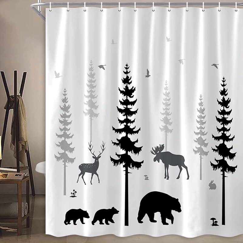 Boziqr Rustic Farmhouse Shower Curtain for Bathroom, Forest Bear Deer Vintage Country Shower Curtain Set with Hooks, Nature Woodland Camping Fabric 70 W x 70 L (Pack of 1) чёрный