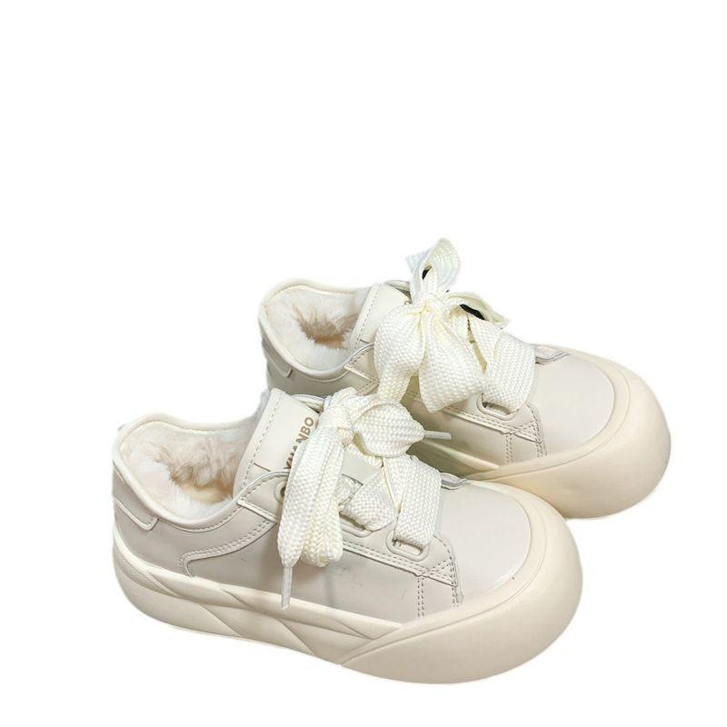 Høyverdi tykksålede brød bomull damesko vinter fløyel avslappet små hvite sko skinnoverflate vanntett varm brettsko