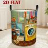Laundry Room Scene Illustration Pattern Round Laundry Basket Practical Lifestyle Design 2D Flat Printed Dirty Clothes Basket