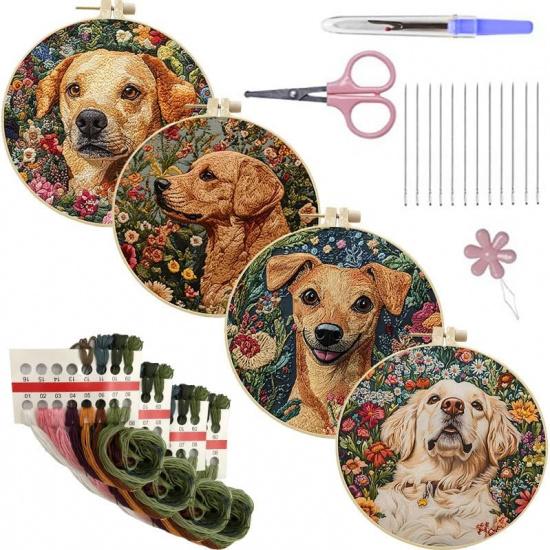 LB 4 Pack Cute Dog Flower Embroidery Kit for Beginners Funny Animal Beginner Embroidery Kit for Adults DIY Starter Kit with Embroidery Hoop Colorful коричневый