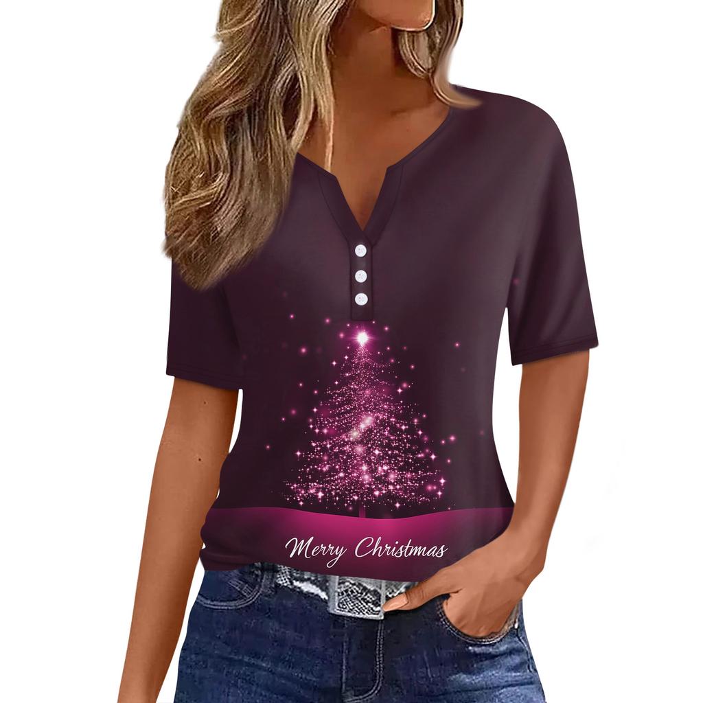 Women's T Shirt Christmas Print Button Short Sleeve Daily Weekend Fashion Basic V- Neck Regular Top