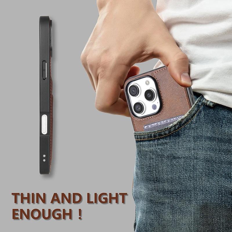 Retro Cards Pocket PU Leather Case for iPhone Air 17 16E 16 15 14 13 12 11 Pro Max Plus Shockproof Soft Protective Phone Cover