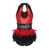 S-XXL Bodysuit da Ballo Rumba Cha-cha da Donna Lurex Lente a Paillettes Blocco di Colore Rete in Vita Orlo con Piume Taglio Senza Maniche Leotard Jumpsuit Costume da Ballo