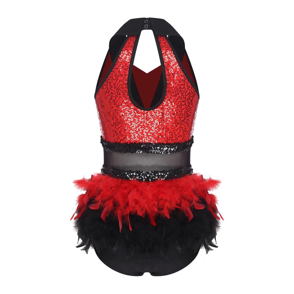 S-XXL Bodysuit da Ballo Rumba Cha-cha da Donna Lurex Lente a Paillettes Blocco di Colore Rete in Vita Orlo con Piume Taglio Senza Maniche Leotard Jumpsuit Costume da Ballo