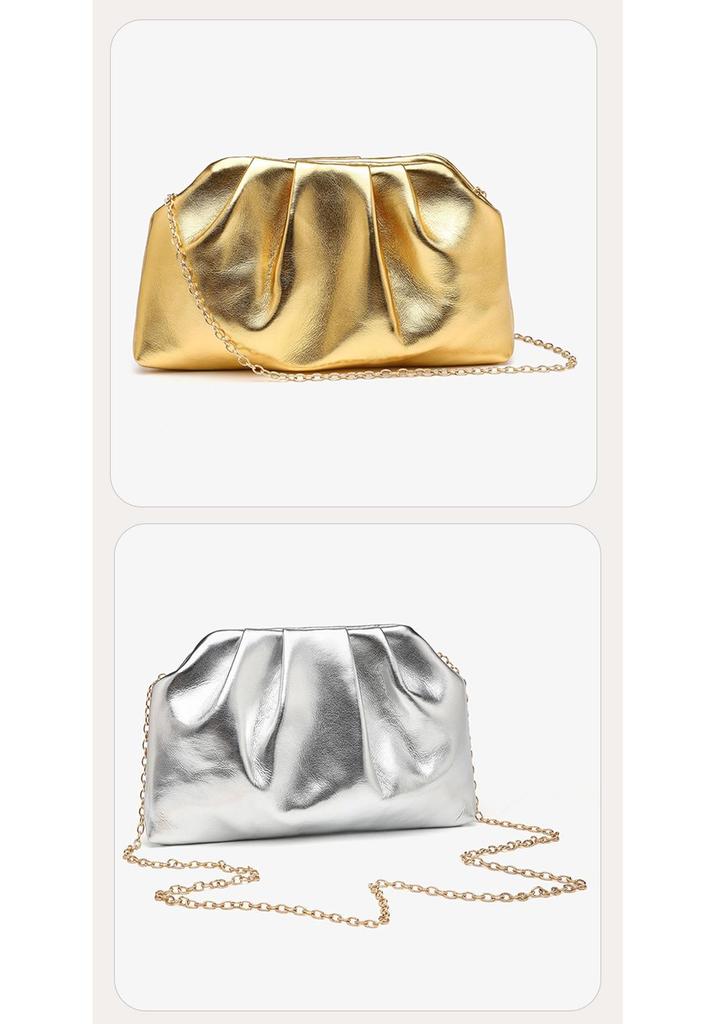 Metallic Pleated Dumpling Clutch - Luxurious Chain Bag for Parties