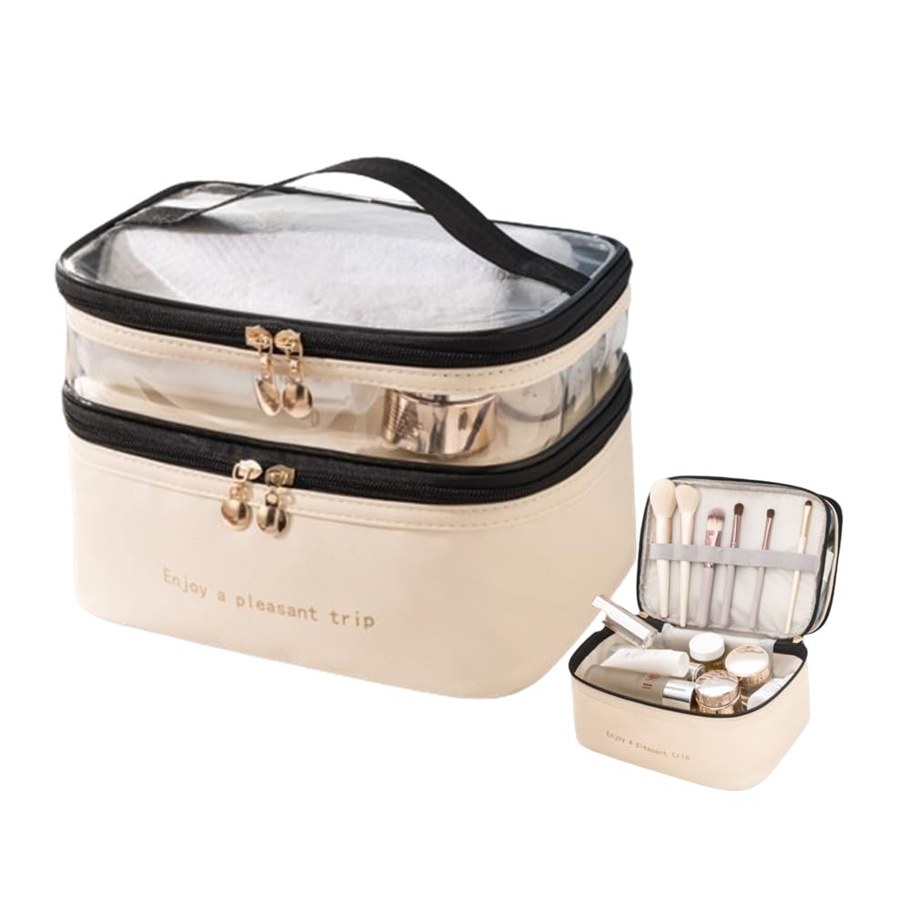 FLORPERRY Makeup Cosmetic Large Capacity Cosmetic Makeup Storage Travel Toiletry White Double Layer Box, Pouch, Bag, Pouch, Pouch, Bag, -