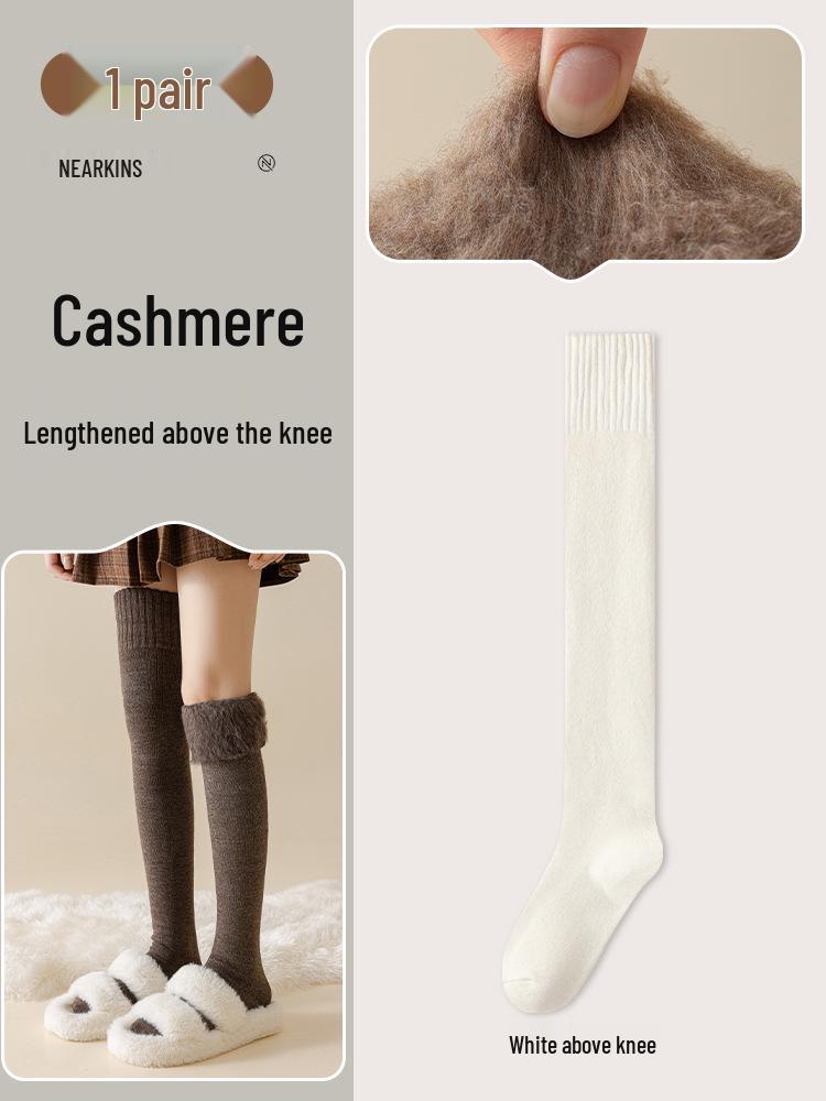 Women's Wool Over-the-Knee Fleece-Lined White Socks - Imitation Cashmere Long, Maternity Plus Size, Thick, Warm, Autumn & Winter Style