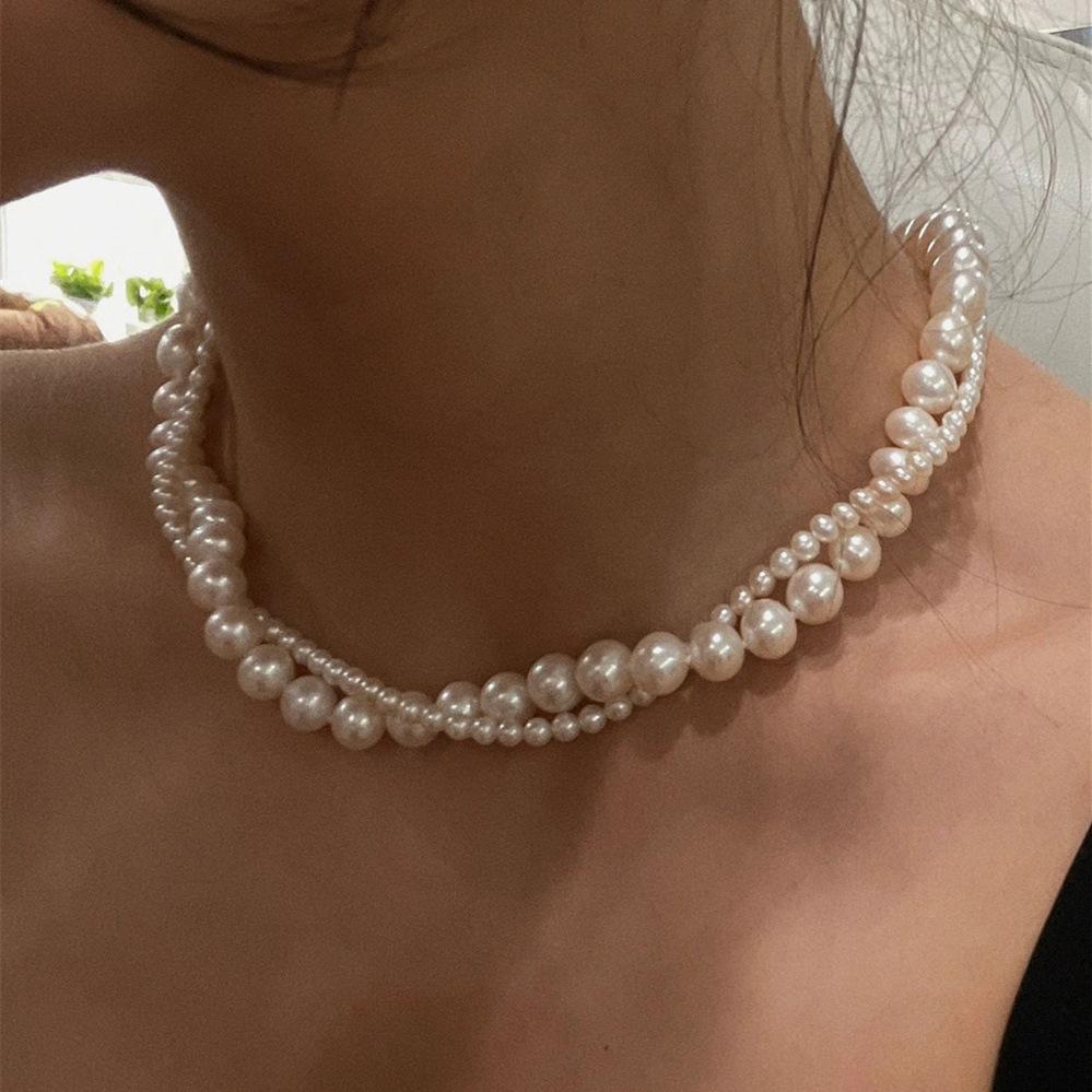C080 Vintage Double Layer Pearl Necklace High-end Elegant Wrap Collarbone Chain Niche Design Versatile Choker