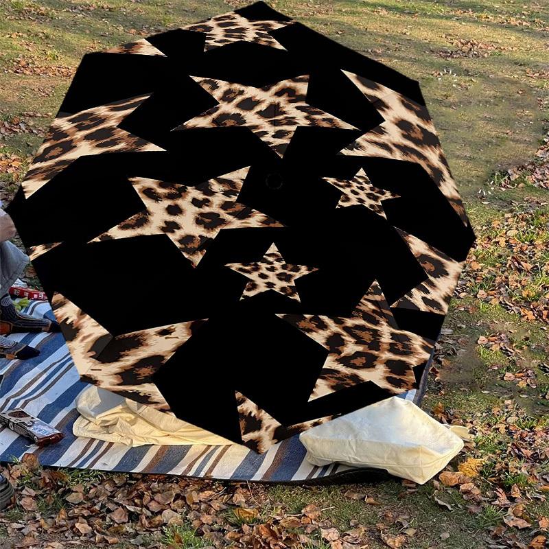 1 Stück Leopardenmuster Sterne Regenschirm - 8 Speichen verstärkt, Automatisches Öffnen, Leicht & Langlebig, Niedliches Modeaccessoire für den Außenbereich, Strand oder Freizeit, Bea