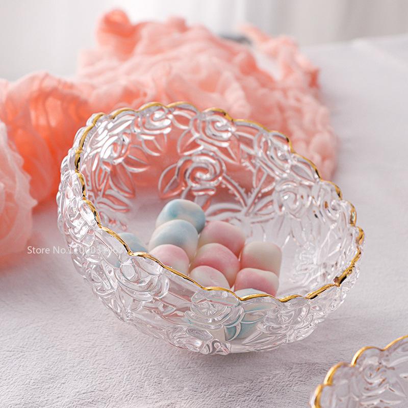 Vintage Engraving Transparent Glass Salad Bowl Golden Edge Dessert Fruit Oatmeal Bowl Kitchen Soup Noodle Bowl Relief Craft