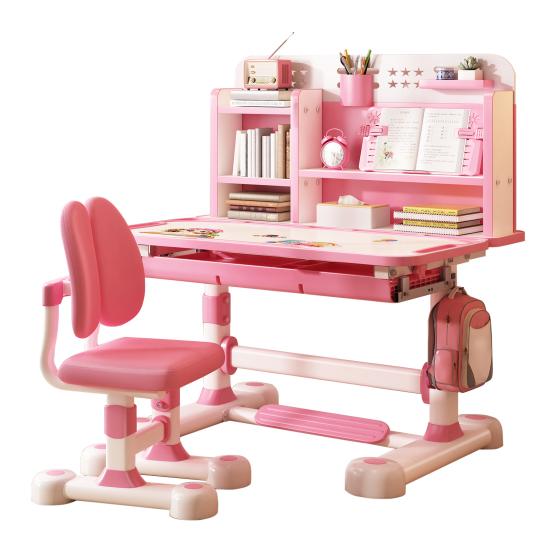 Learning Desk Chair Set 2Pcs/Set Kids Study Set, Height Adjustable Children School Table with Sitting Corrector, Ergonomic Book Stand, Foot